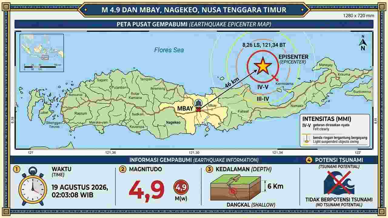 BMKG Catat Gempa M 4,9 Guncang Mbay Nagekeo NTT, Episentrum 46 Km Timur Laut