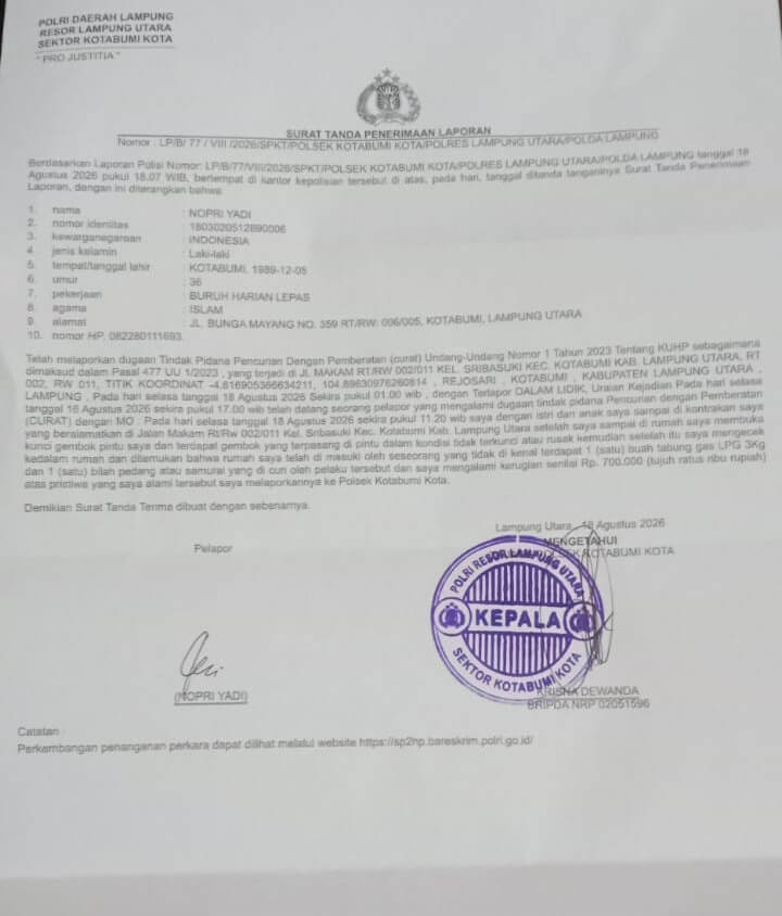 Polsek Kotabumi Kota Selidiki Pencurian Rumah Kosong di Sribasuki, Tabung Gas 3 Kg Jadi Sasaran Utama