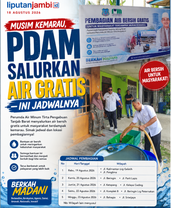 PDAM Tanjab Barat Salurkan Air Bersih Gratis ke Warga Terdampak Kemarau, Ini Jadwal dan Lokasinya