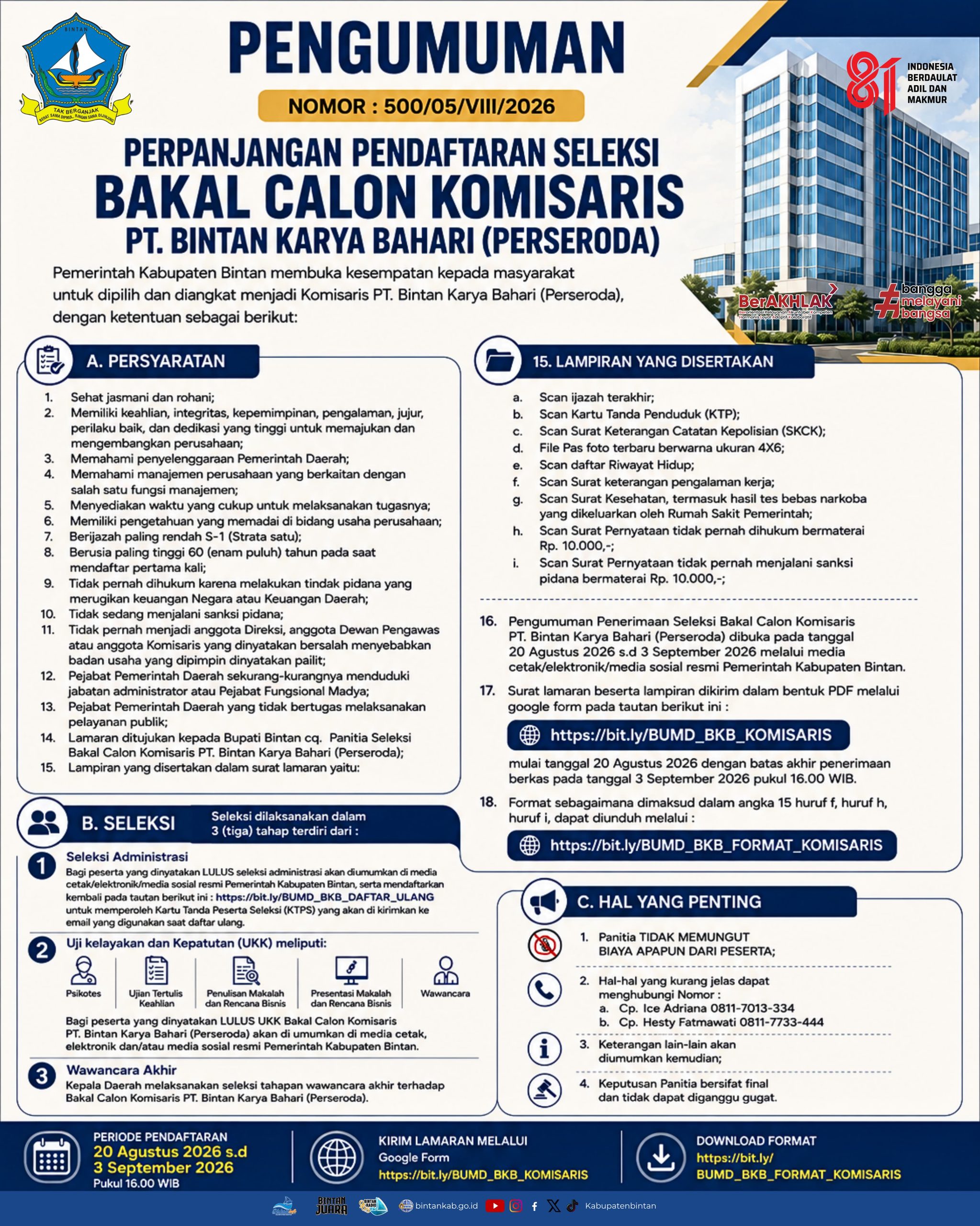 Pemkab Bintan Perpanjang Seleksi Komisaris dan Direktur BUMD PT Bintan Karya Bahari, Batas Akhir 3 September 2026
