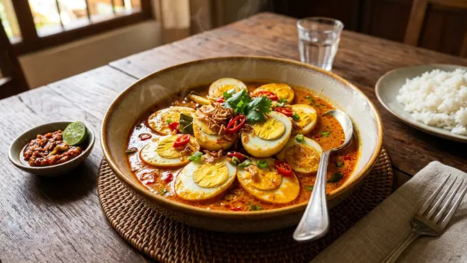 Telur Kuah Opor Pedas Jadi Alternatif Lauk Ekonomis, Bumbu Meresap Hingga ke Dalam