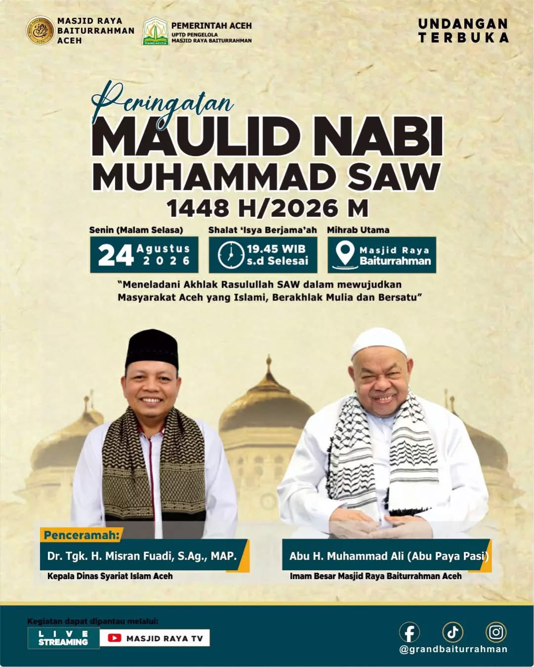 Abu Paya Pasi Ajak Masyarakat Aceh Hadiri Maulid Nabi di Masjid Raya Baiturrahman, Digelar Senin 24 Agustus 2026