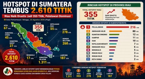 Hotspot Karhutla Sumatera Tembus 2.610 Titik, Riau Catat 355 Titik Panas dan Didominasi Pelalawan