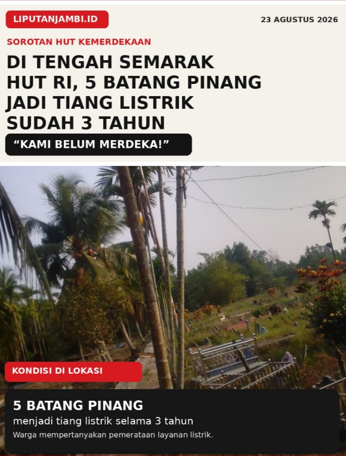 5 Batang Pinang Jadi Tiang Listrik di Tanjab Barat Sudah 3 Tahun, Warga Sungai Saren Keluhkan Risiko Roboh di HUT RI