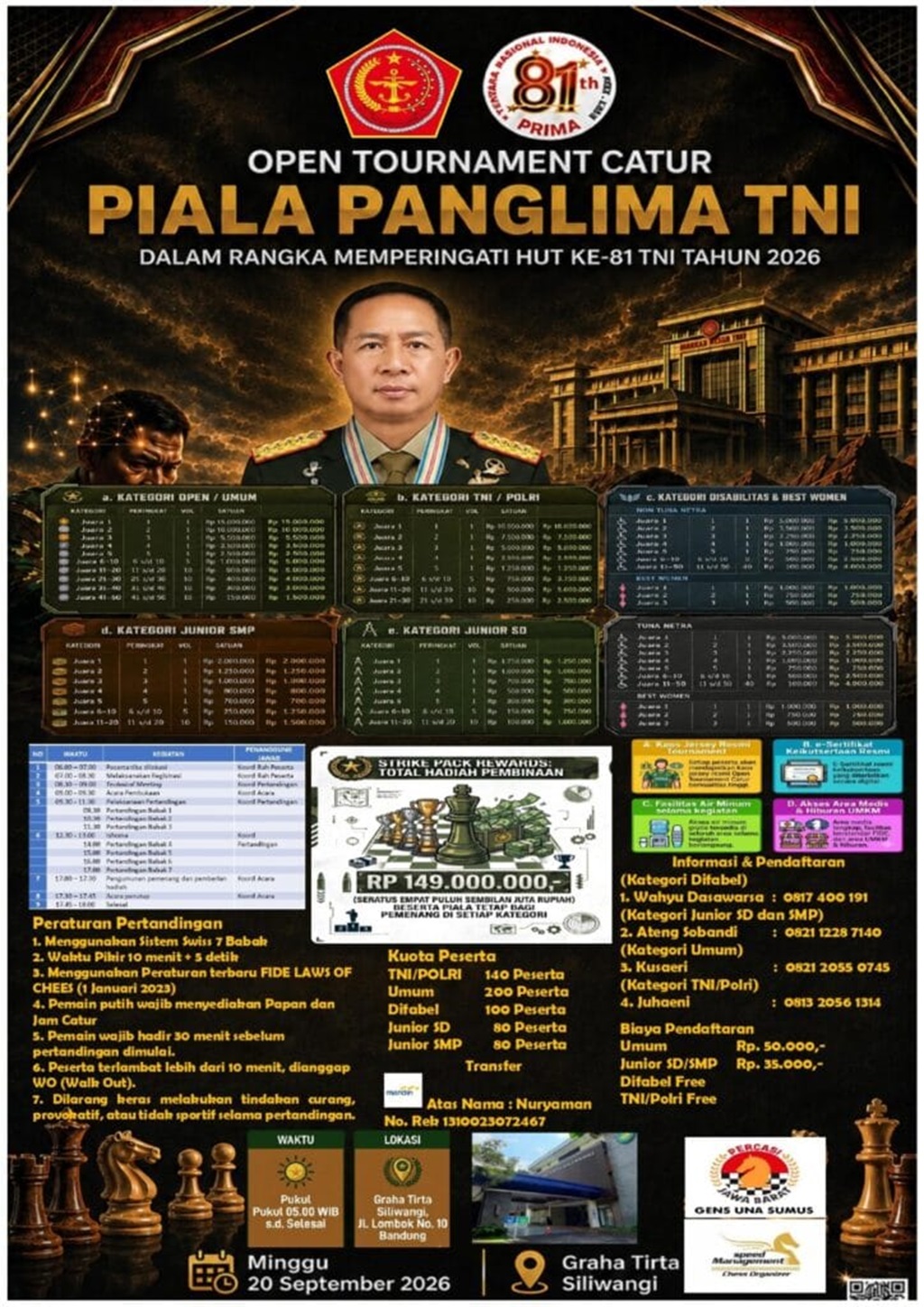Open Turnamen Catur Piala Panglima TNI di Bandung Sediakan Hadiah Rp 149 Juta, Pendaftaran Difabel Gratis