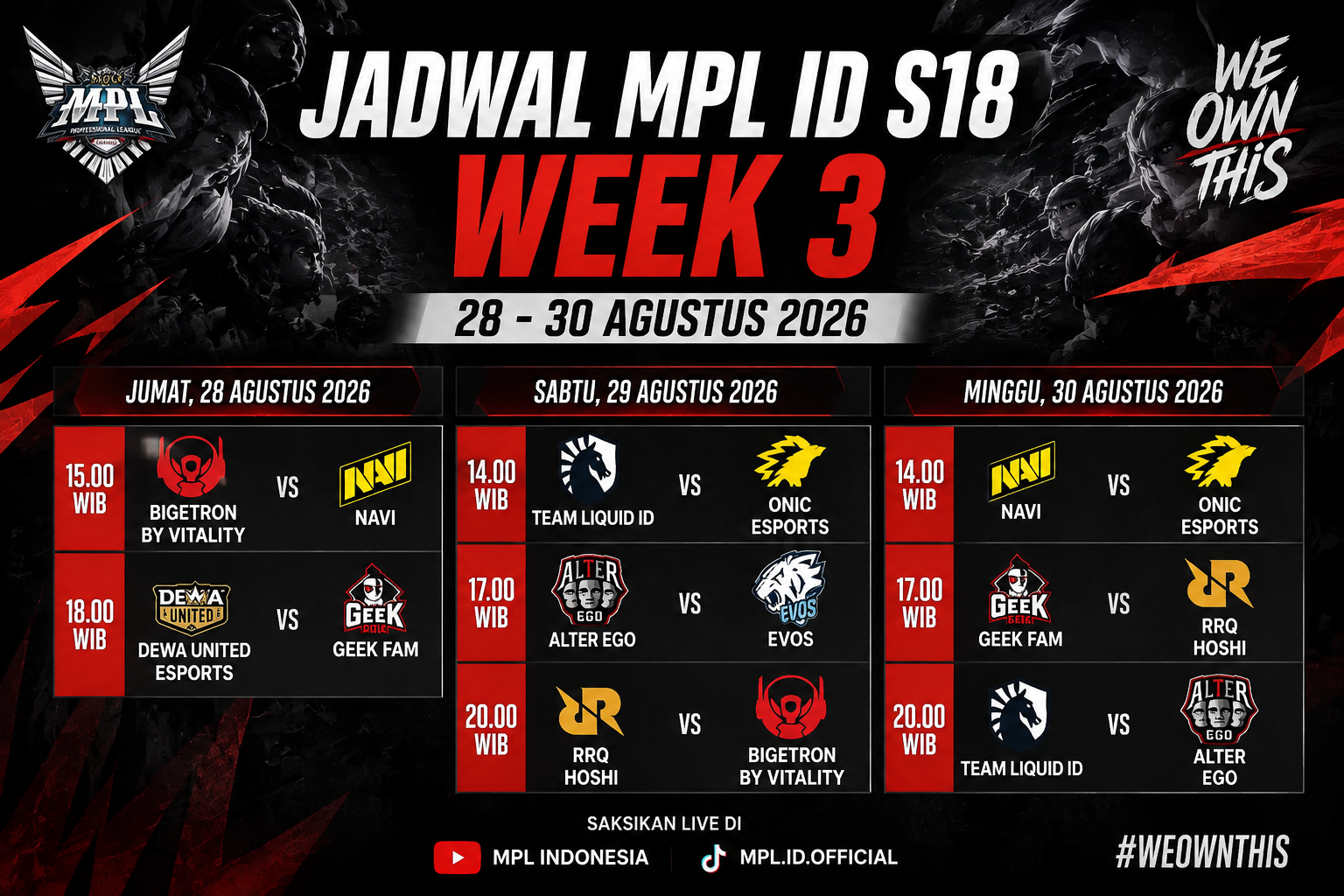 MPL ID S18 Week 3: Jadwal Bigetron vs NAVI dan Duel RRQ Hoshi di Akhir Pekan