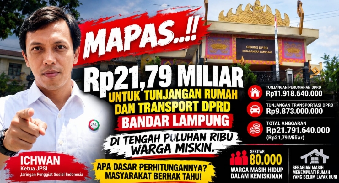 Tunjangan Rumah dan Transport DPRD Bandar Lampung Tembus Rp21,79 Miliar; JPSI Sorot Prioritas APBD di Tengah 80 Ribu Warga Miskin