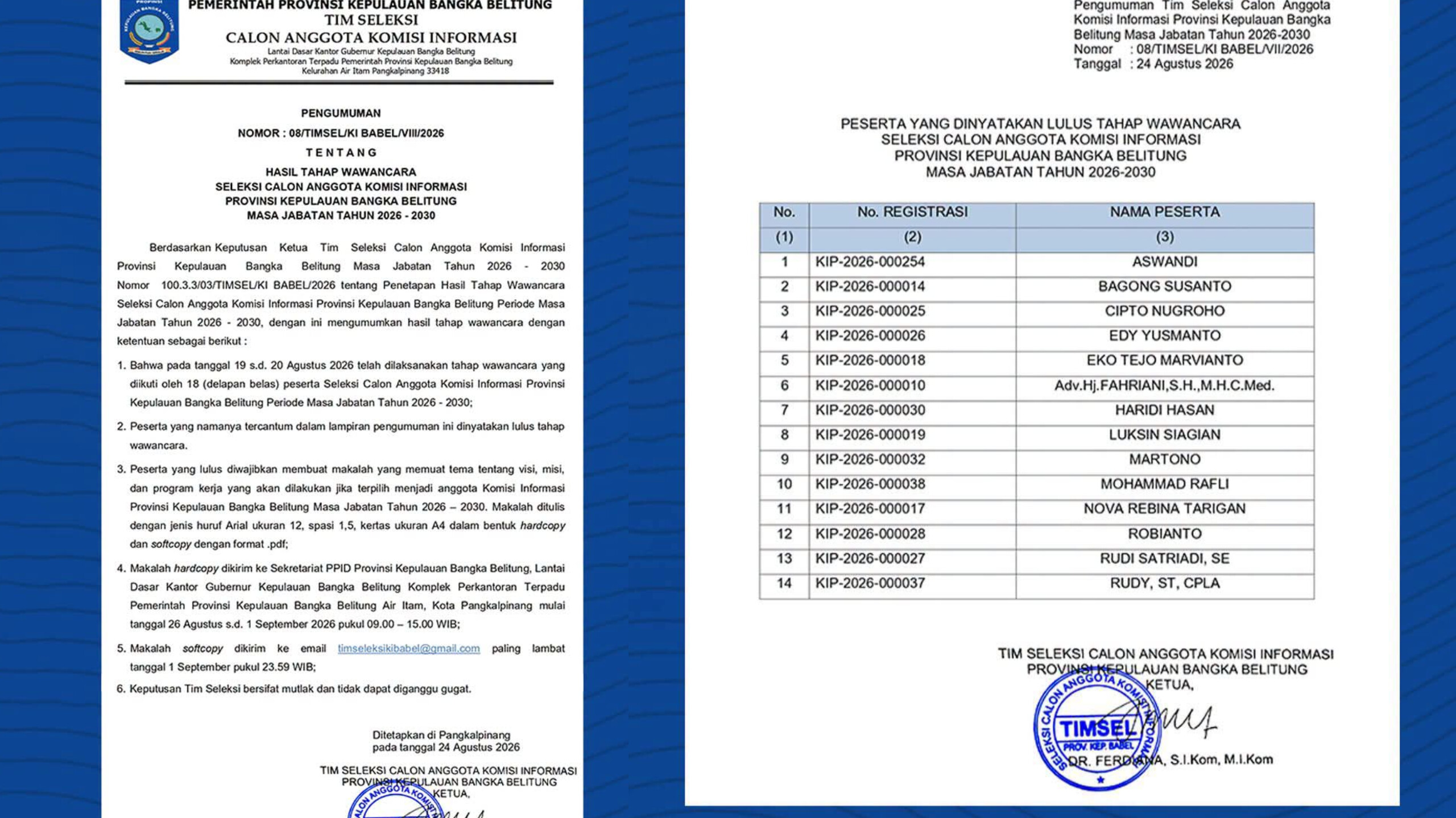 Seleksi Anggota Komisi Informasi Babel 2026–2030 Masuki Tahap Esai, 14 Calon dari Pangkalpinang Lolos Wawancara
