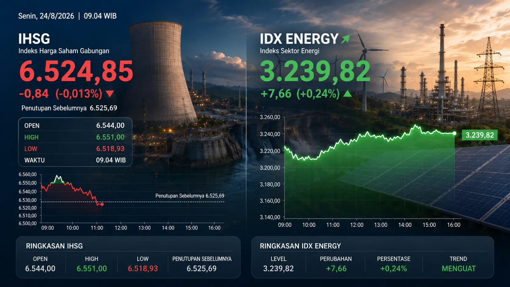 IHSG Terkoreksi Tipis ke 6.524, Sektor Energi Justru Menguat 0,24%