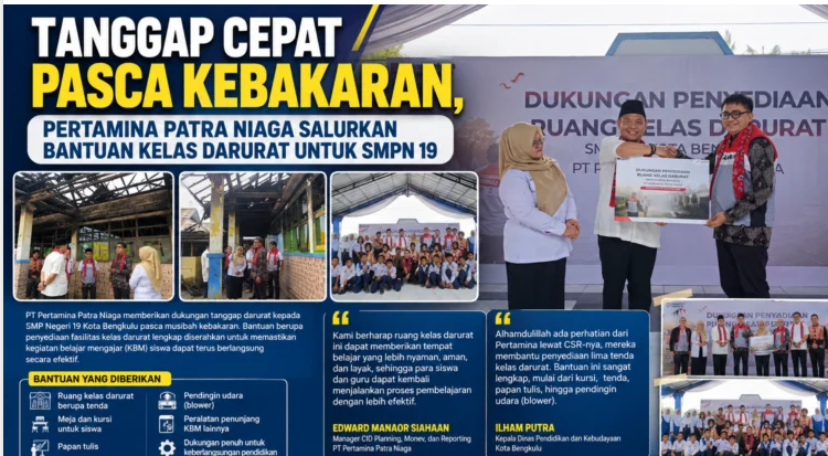 Pertamina Siapkan 5 Kelas Darurat untuk SMPN 19 Kota Bengkulu, 300 Lebih Siswa Kembali Belajar Pagi Hari