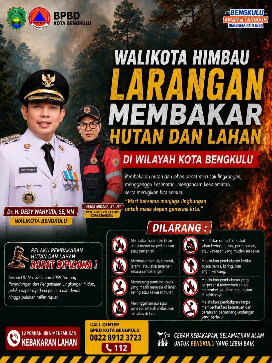 Wali Kota Bengkulu Imbau Warga Stop Bakar Lahan, BPBD Sebut Pelaku Terancam Penjara dan Denda