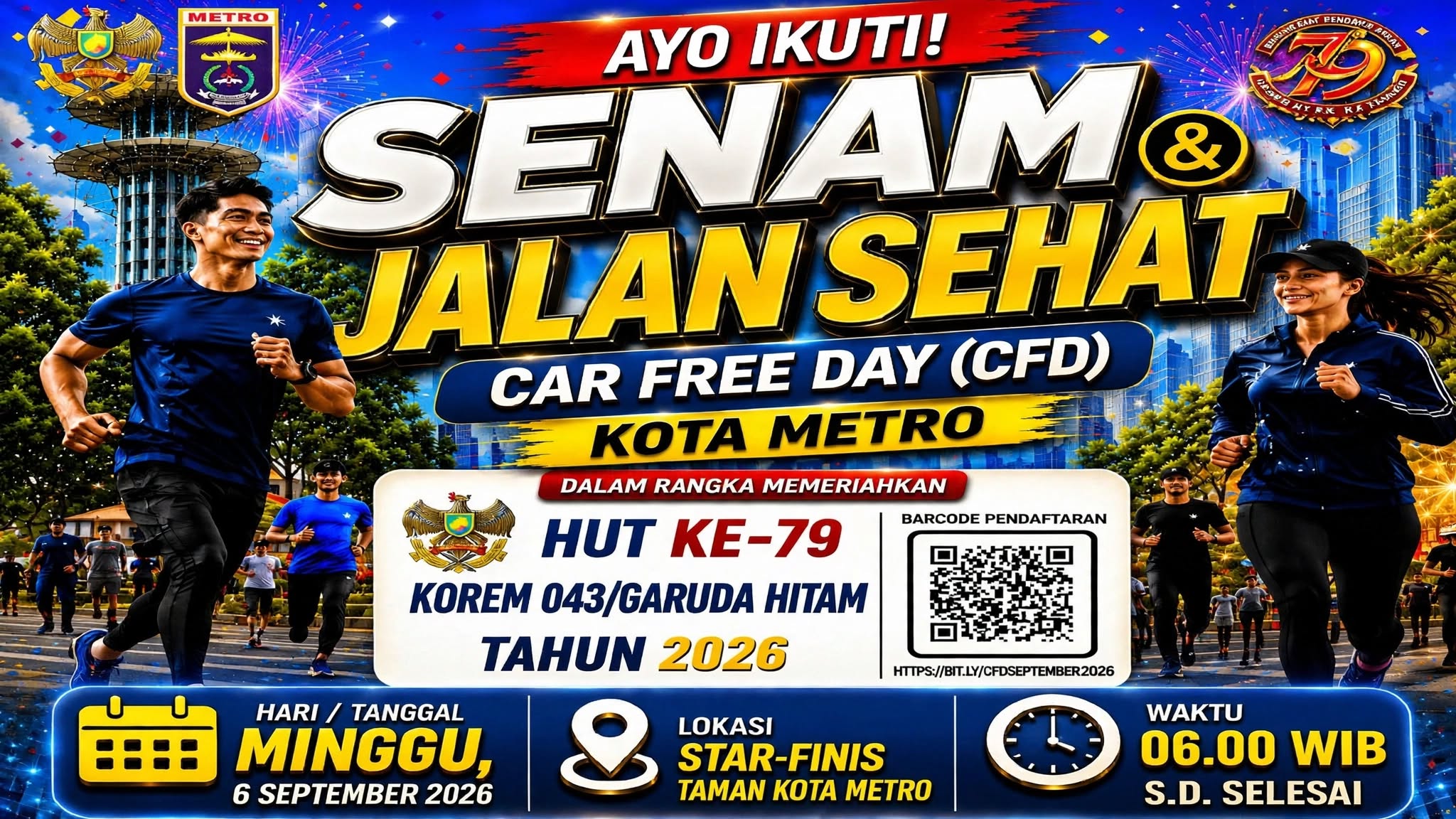 HUT ke-79 Korem 043/Garuda Hitam, Kodim 0411/KM Ajak Warga Kota Metro Senam dan Jalan Sehat di CFD
