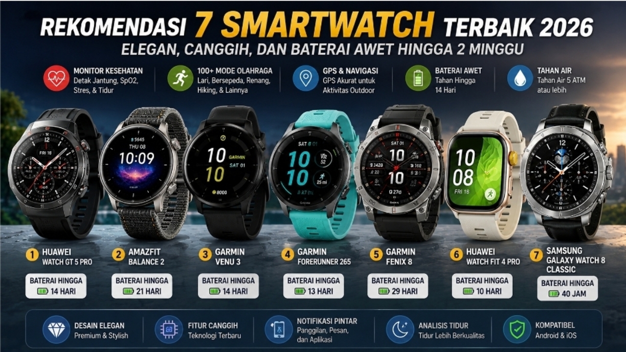 7 Smartwatch Baterai 2 Minggu: Huawei GT 5 Pro hingga Garmin, Elegan dan Canggih