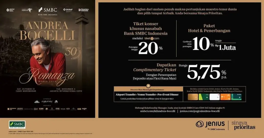 Konser Andrea Bocelli di Indonesia 2026: Diskon Tiket 20 Persen dan Hospitality Package untuk Nasabah SMBC