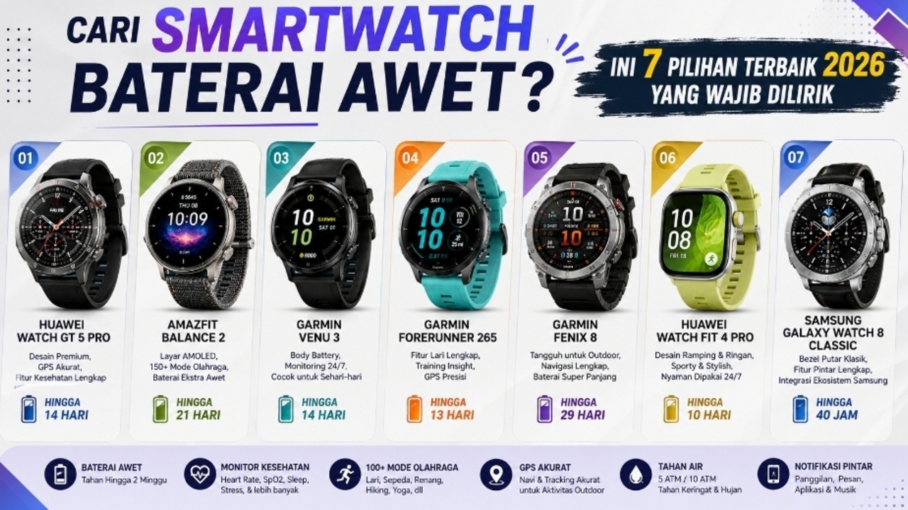 7 Smartwatch Baterai Awet 2026: Ada yang Tembus 2 Minggu
