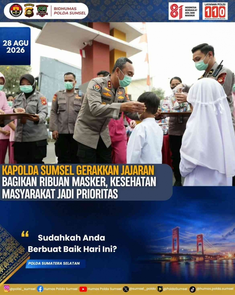 Polda Sumsel Bagikan Ribuan Masker ke Anak TK di Palembang Cegah ISPA Akibat Karhutla, 10 Polres Jajaran Ikut Gerakan Serentak