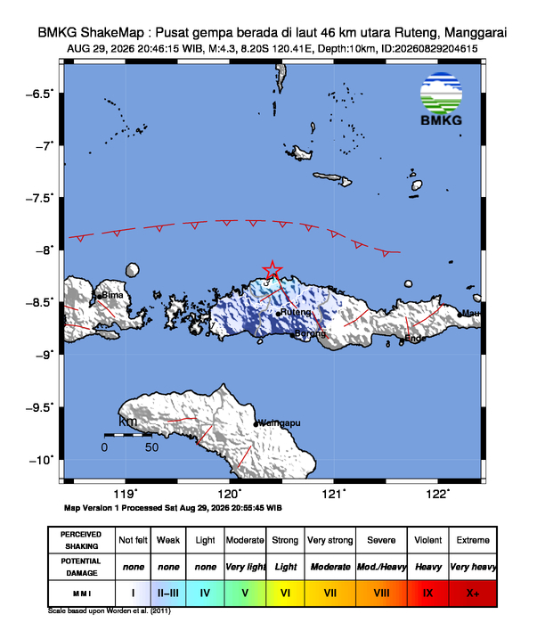 Gempa M4.3 Guncang Laut Utara Ruteng Manggarai, Getaran Terasa hingga Skala II MMI