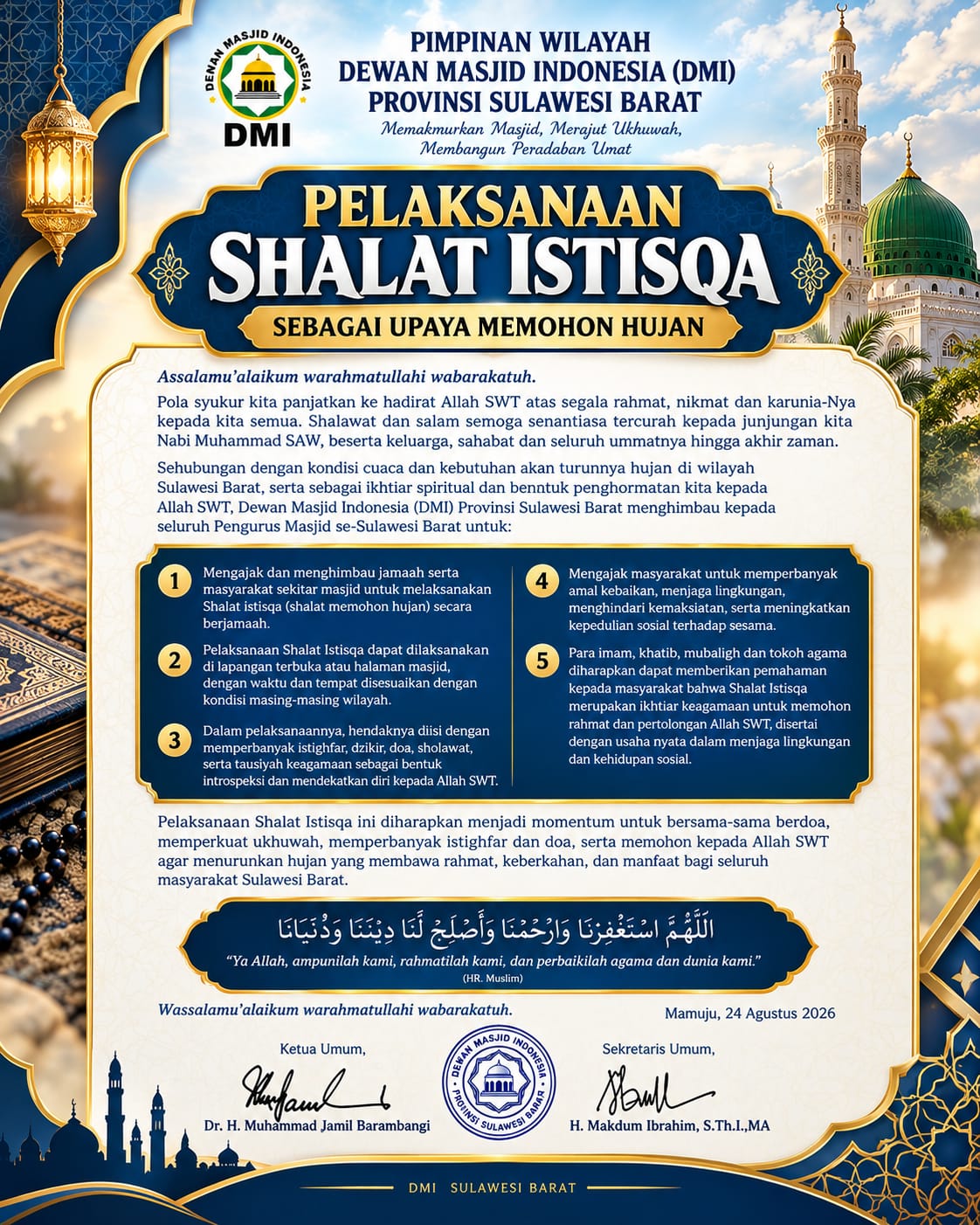 DMI Sulawesi Barat Minta Masjid Gelar Shalat Istisqa, Imbauan Tertuang dalam Surat Resmi bernomor 029/PW-DMI/SB/8/2026