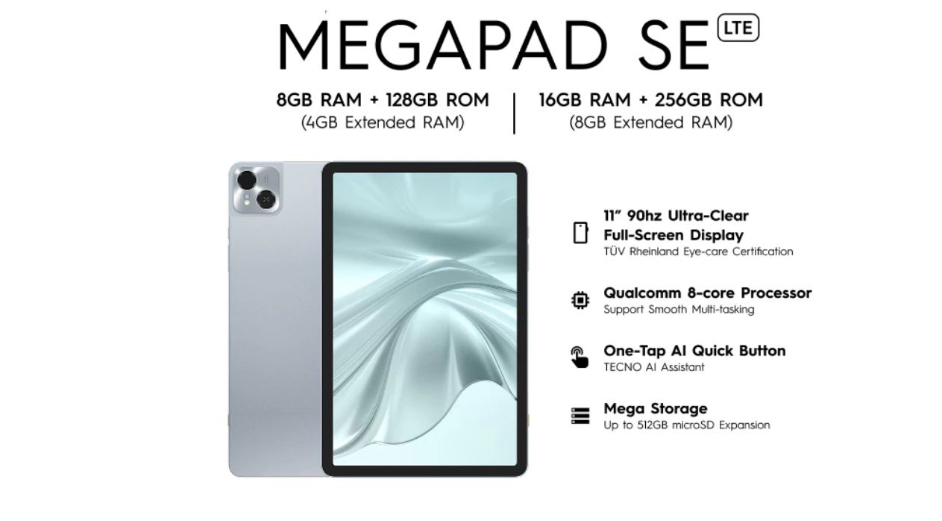 TECNO Megapad SE 2 Meluncur: Tablet 4G Baterai 7.000 mAh, RAM 4GB Jadi