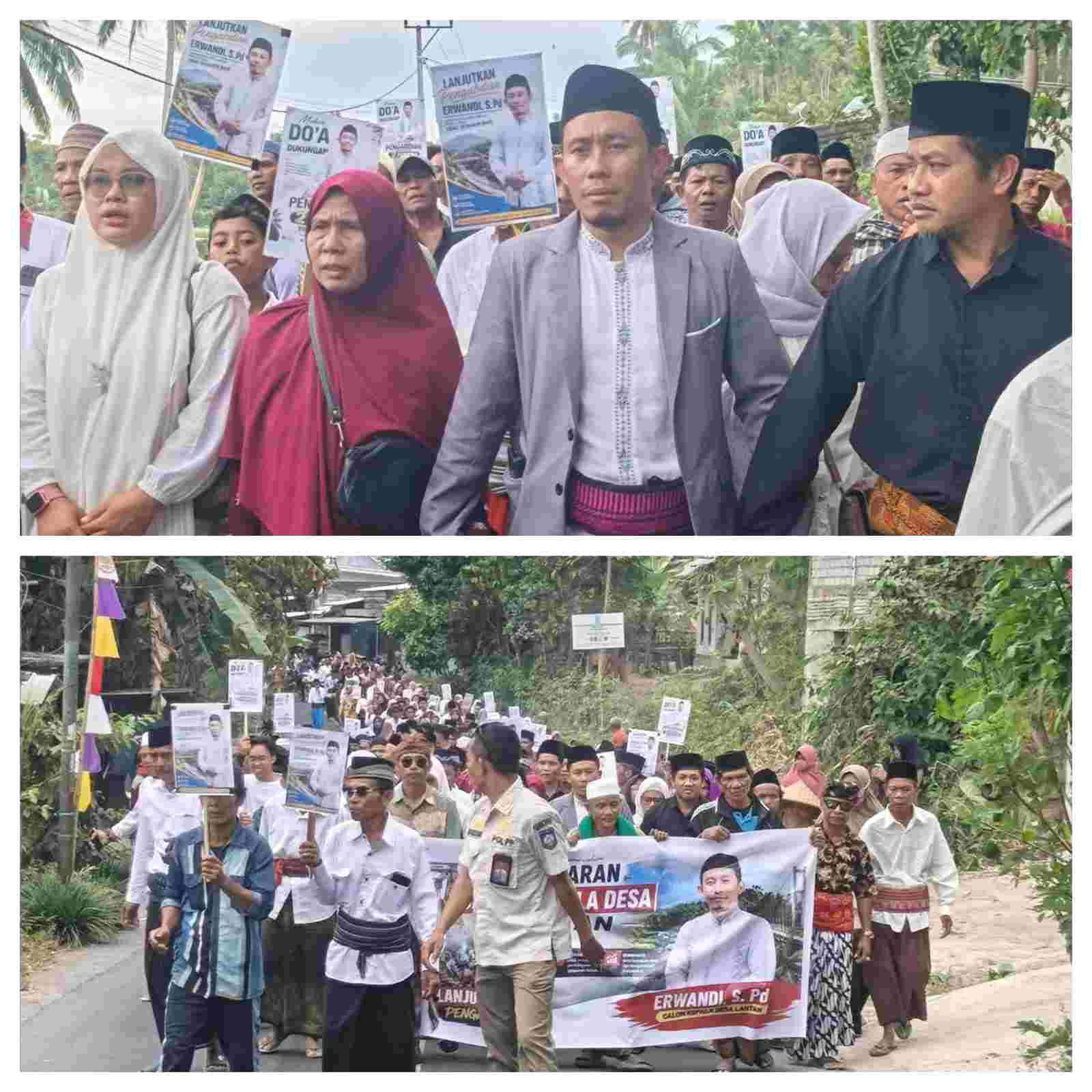 Daftar Bakal Calon Kades Lantan, Ratusan Warga Kawal Erwandi dengan Sholawat dan Teriakan 'Lanjutkan'
