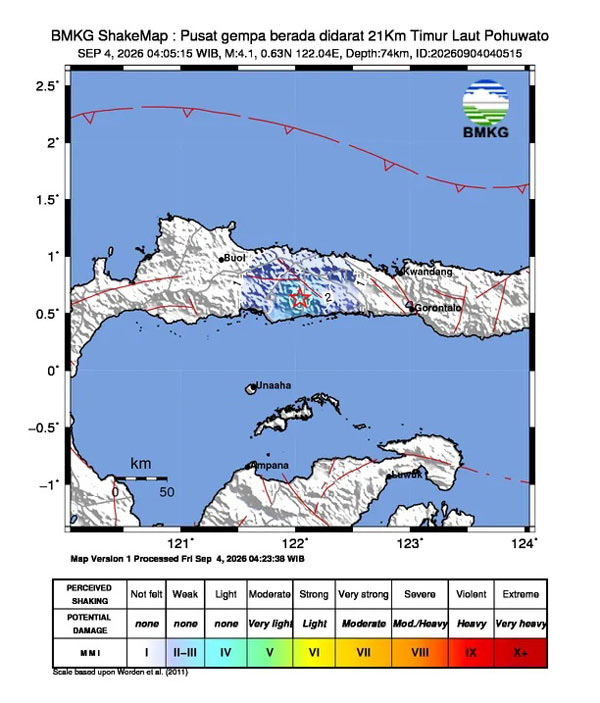 Gempa Darat M 4,1 Guncang Pohuwato Gorontalo, Getaran Terasa hingga Kota Gorontalo dan Bone Bolango