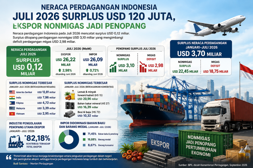 Surplus Neraca Dagang Juli 2026 Susut ke USD 120 Juta, Impor Melonjak 27%