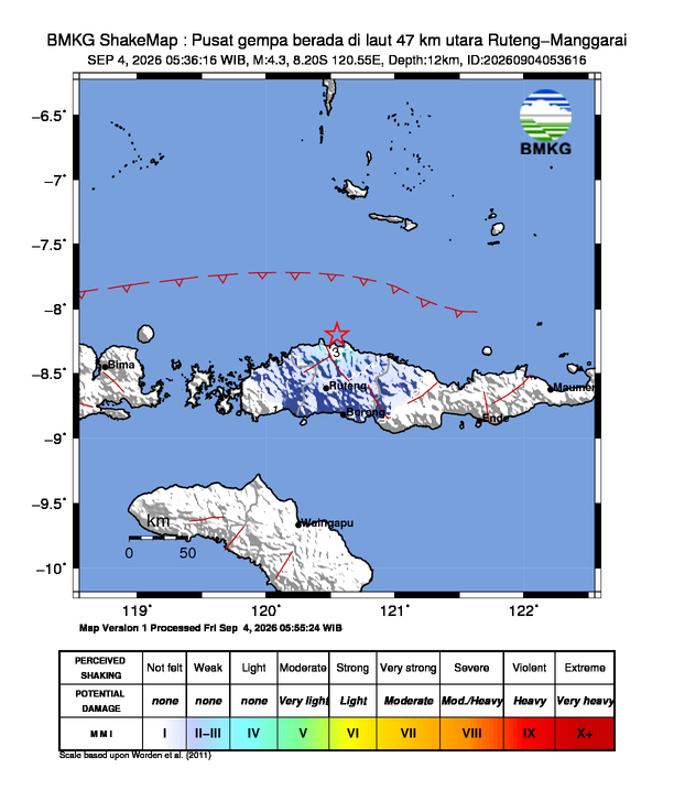 Gempa M4,3 Guncang Manggarai NTT, Pusat di Laut 47 Km Utara Ruteng