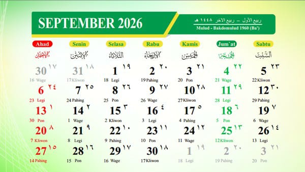 Kalender Hijriah September 2026: 1 September Bertepatan 19 Rabiul Awal, Cek Jadwal Puasa Ayyamul Bidh