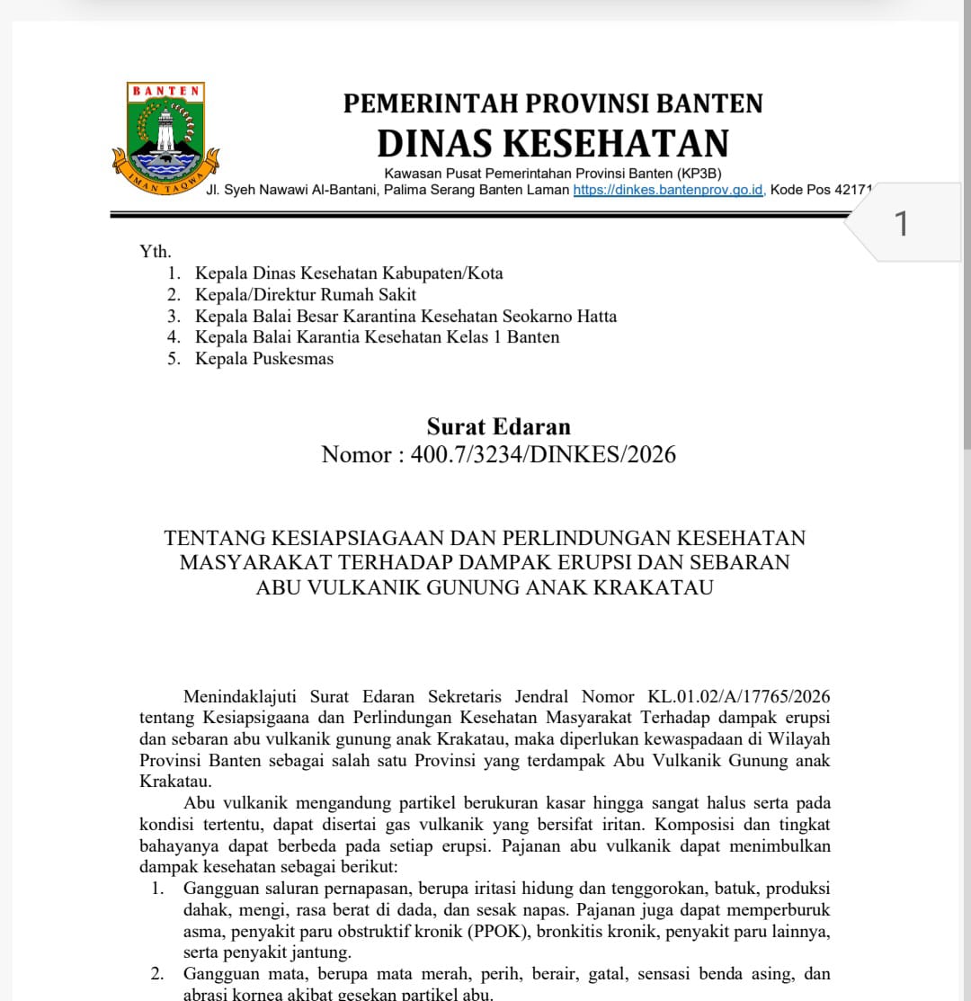Dinkes Banten Siagakan Seluruh Faskes 24 Jam Antisipasi ISPA Akibat Abu Vulkanik Anak Krakatau