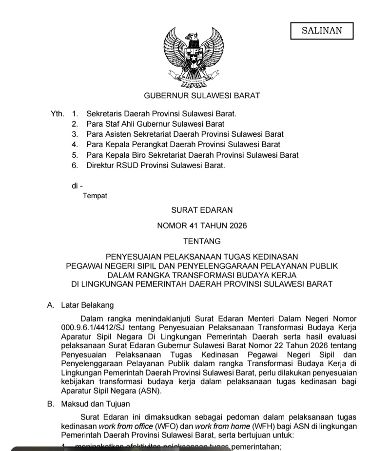 Pemprov Sulbar Terbitkan SE Nomor 41 Tahun 2026, ASN WFH Tiap Jumat tapi Pejabat dan Layanan Publik Ini Tetap WFO