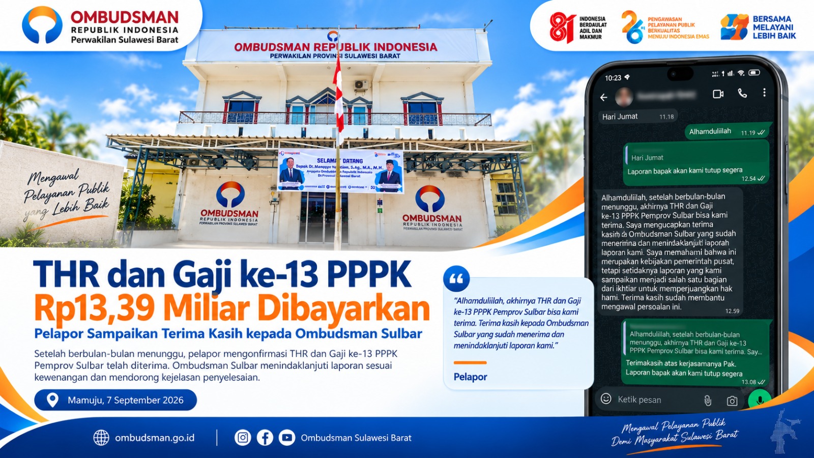 THR dan Gaji ke-13 PPPK Sulbar Rp13,39 Miliar Cair, Pelapor Ucapkan Terima Kasih ke Ombudsman