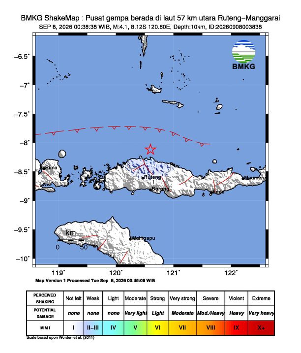 Gempa M4,1 Guncang Manggarai NTT, Episenter di Laut 57 Km Utara Ruteng