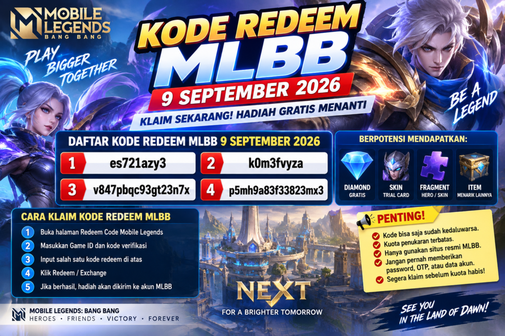 Kode Redeem MLBB 9 September 2026: Daftar Kode yang Masih Layak Dicoba dan Cara Klaim