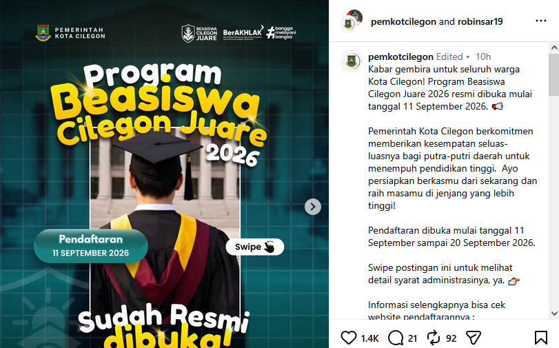 Beasiswa Cilegon Juare 2026 Dibuka 11-20 September, Ini Syarat dan Link Daftarnya