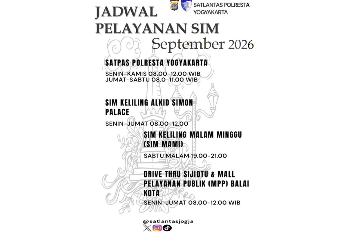 SIM Keliling Kota Jogja Buka di 3 Titik Kamis 10 September 2026, Catat Syarat dan Biaya Perpanjangan