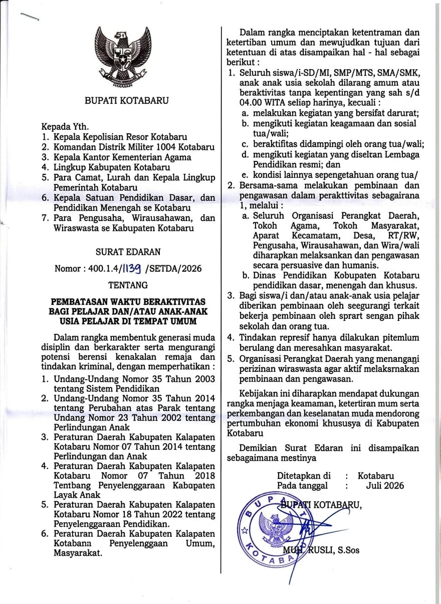 Pemkab Kotabaru Larang Pelajar di Tempat Umum Pukul 21.00-04.00 WITA Mulai 12 September 2026