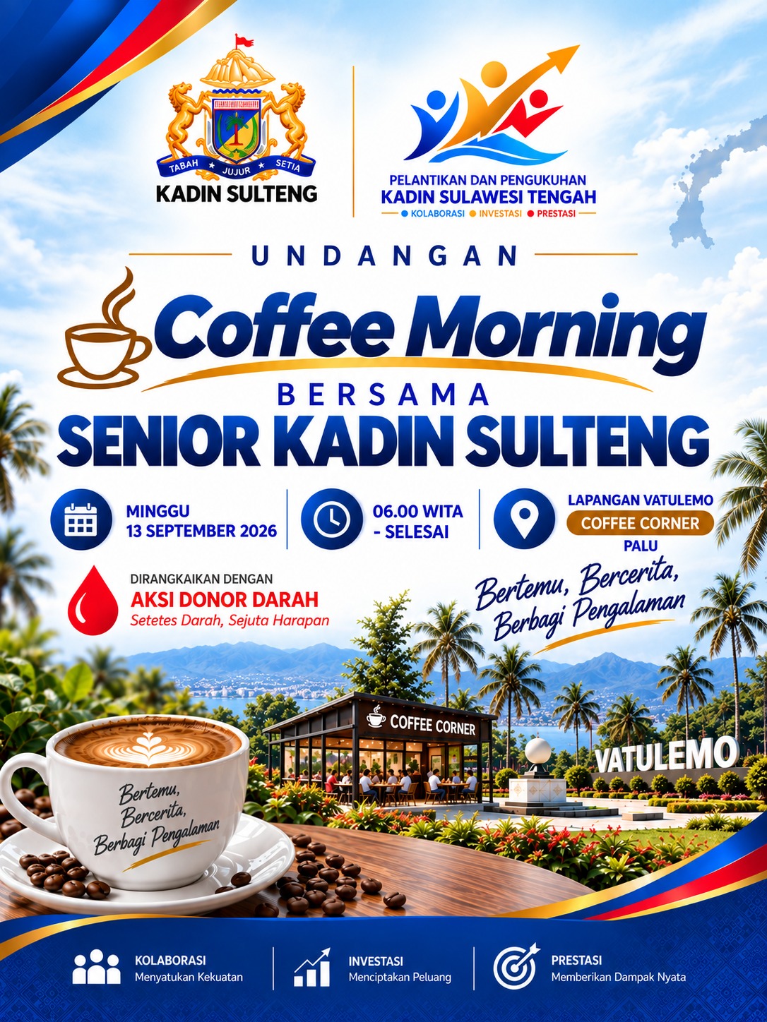 Kadin Sulteng Gelar Coffee Morning dan Donor Darah di Lapangan Vatulemo Palu, Ajak Pengurus hingga Warga Ikut Berbagi