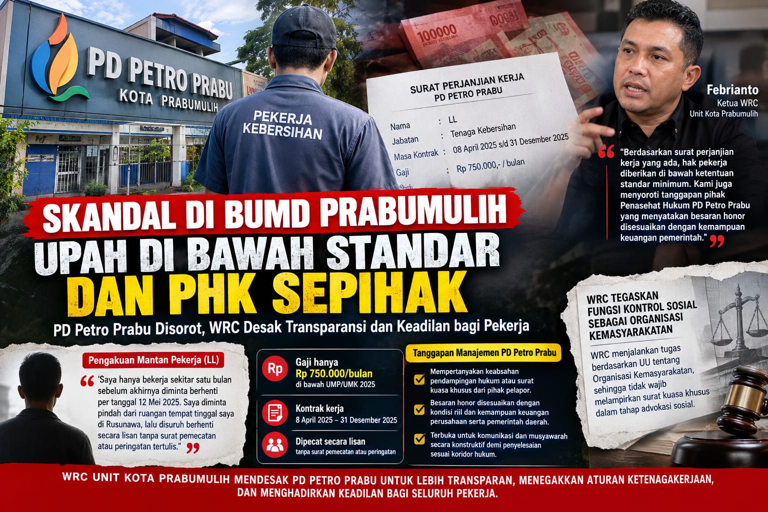 BUMD Prabumulih Diduga Bayar Pekerja Rp 750.000 di Bawah UMK, WRC Soroti Pelanggaran UU Cipta Kerja