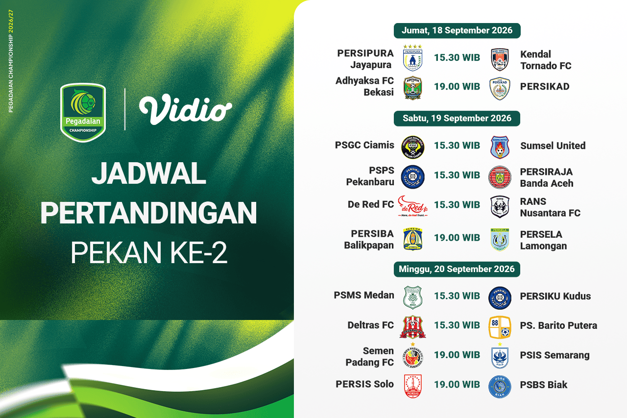 Jadwal Pegadaian Championship 2026/27 Matchweek 2, 18-20 September di Vidio
