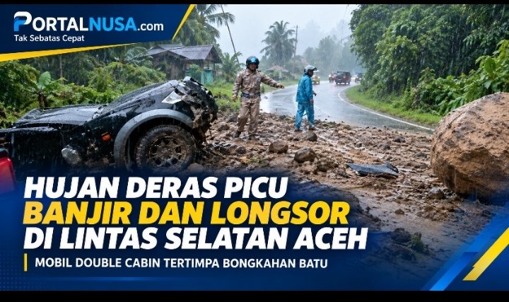 Hujan Deras Sebabkan Banjir dan Longsor di Lintas Selatan Aceh, Mobil Double Cabin Ringsek Tertimpa Batu