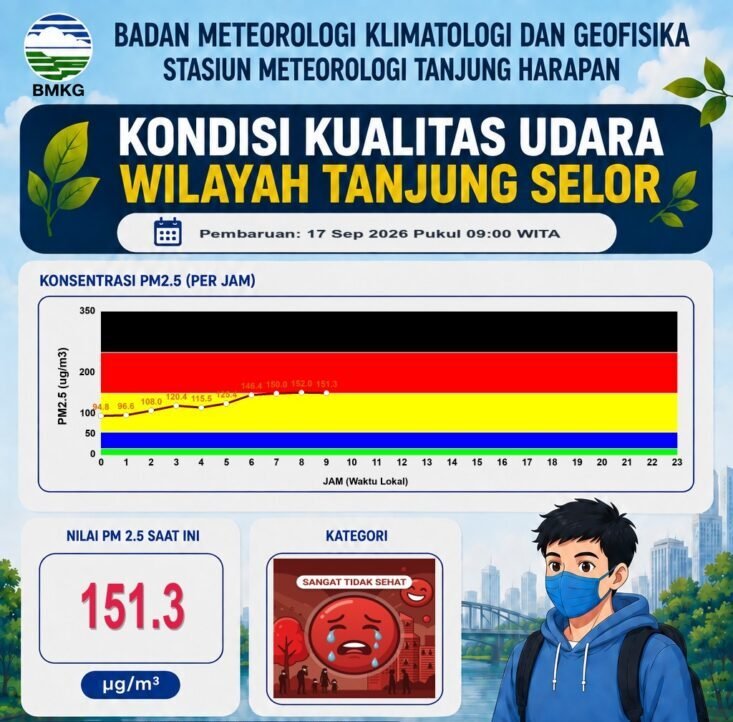 Kualitas Udara Tanjung Selor Kembali Memburuk, PM2.5 Tembus 152 µg/m³ Masuk Kategori Sangat Tidak Sehat