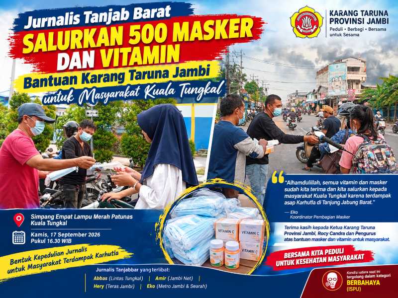 Jurnalis Tanjab Barat Salurkan 500 Masker dan Vitamin untuk Warga Kuala Tungkal Terdampak Asap Karhutla