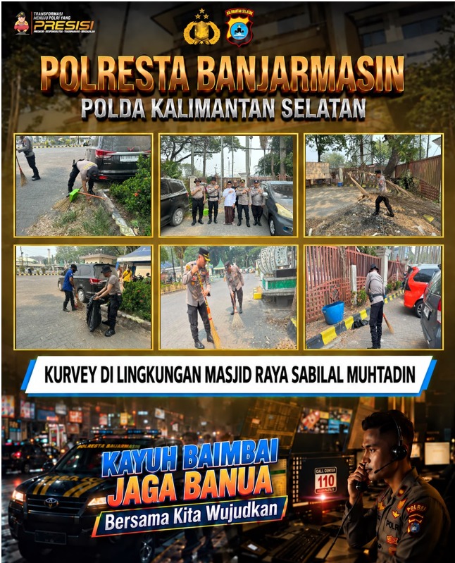 Polresta Banjarmasin Kerahkan Puluhan Personel Bersih-Bersih Masjid Raya Sabilal Muhtadin Tiap Jumat Berkah