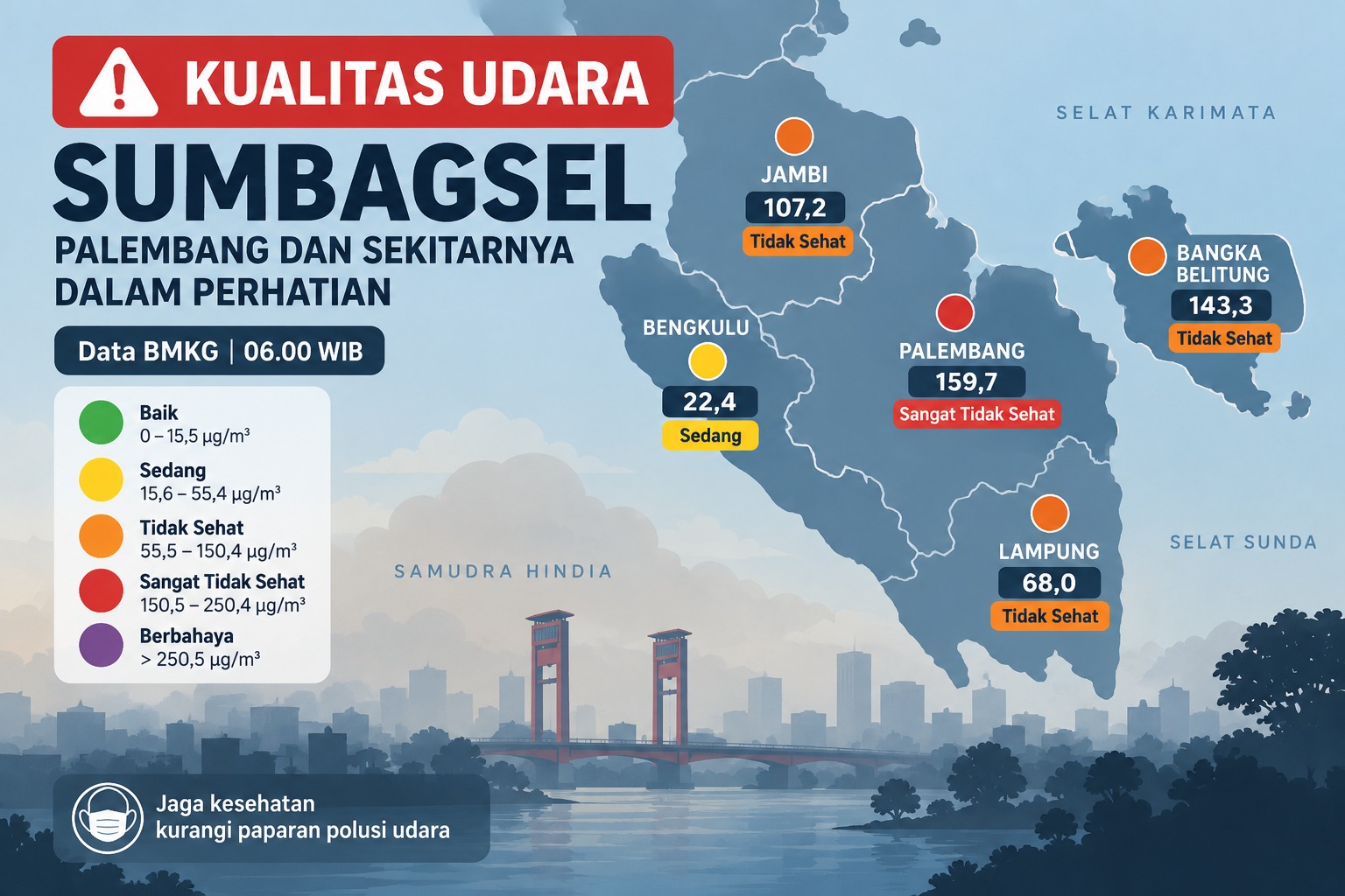 Udara Palembang Pagi Ini Masuk Kategori Sangat Tidak Sehat, PM2.5 Musi 2 Tembus 159,7 µg/m³