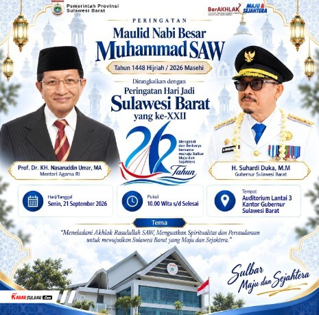 Gubernur Sulbar Suhardi Duka Sambut Kedatangan Menteri Agama Nasaruddin Umar di Peringatan Maulid Nabi 1448 Hijriah