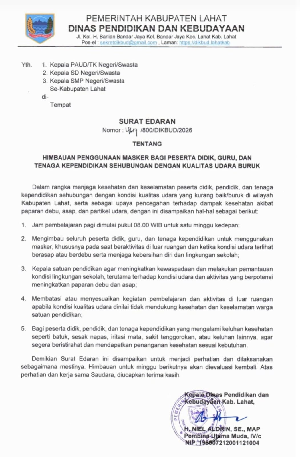 Disdikbud Lahat Minta Pelajar dan Guru Pakai Masker, Jam Masuk Sekolah Dimundurkan Jadi Pukul 08.00