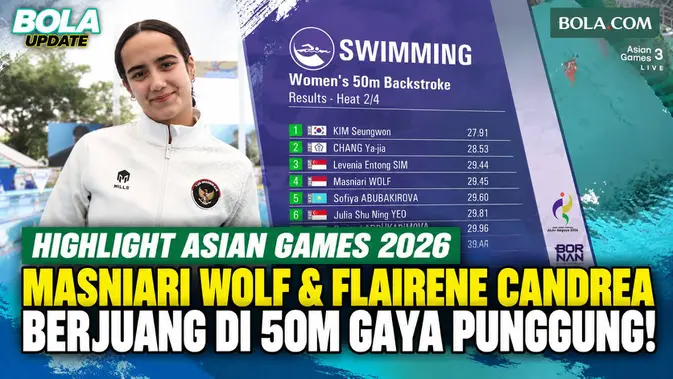 Masniari Wolf dan Flairene Candrea Tampil di Penyisihan 50 Meter Gaya Punggung Asian Games 2026