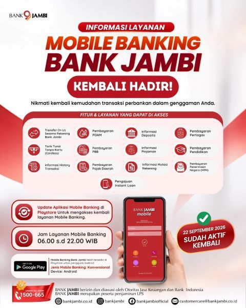 Mobile Banking Bank Jambi Aktif Kembali, Nasabah Wajib Update Aplikasi