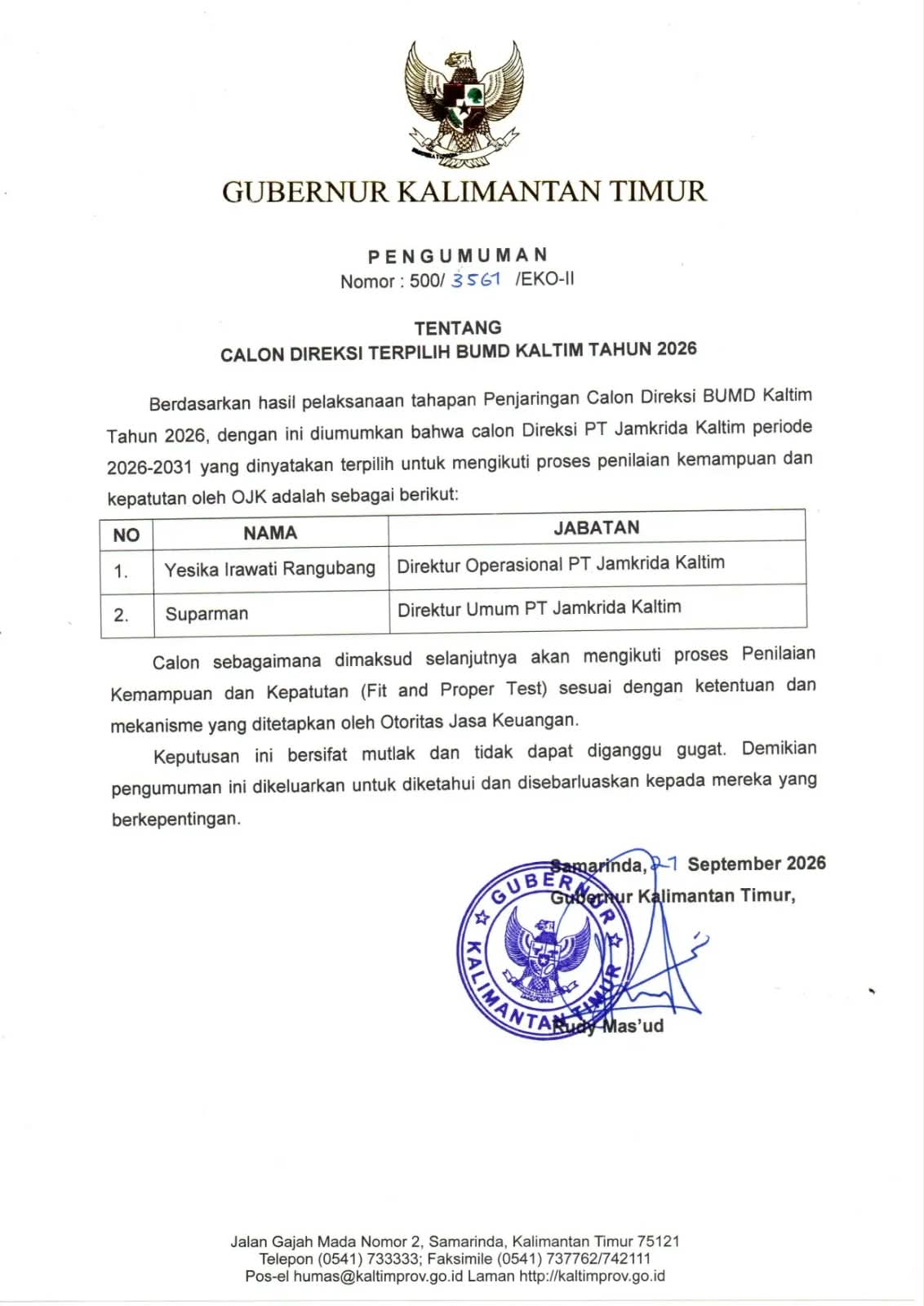 Pemprov Kaltim Ajukan Dua Nama Calon Direksi Jamkrida Kaltim 2026–2031 ke OJK, Yesika dan Suparman Siap Fit and Proper Test