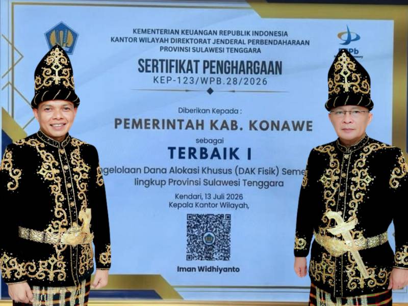Pemkab Konawe Raih Terbaik I Kinerja Pengelolaan DAK Fisik Semester I 2026 di Sultra